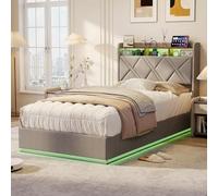 MEXUS Cama 90x200 con somier, cama de matrimonio, cama de 2 personas, LED/USB cama acolchada, cabecera de almacenamiento, aplicable a almacenamiento, estación de carga, iluminación de ambiente muebles
