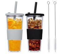 MEYAGOT 2pcs Taza De Café, Tazas De Café, Tazas De Té De Burbuja Tea Cup Tazas De Agua Taza De Plástico Reutilizable Con Tapa Y Pajita Para Té Con Leche, Batidos, Zumo, Café Helado(Gris+Negro, 710ml)