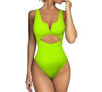 Meyeeka - Bañador entero monokini de mujer, con efecto reductor en el vientre, push up, escote en V y tiro alto., Verde neón, Large