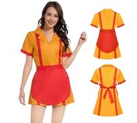 MeYuxg 2 Broke Girls Maid Dress, Maid Outfit Classic Cosplay, Red Orange Caroline Broke Girls Kostüm Waitress Costume Maid Cosplay mit Delantal, Karneval Kostüm für Halloween, Themenpartys (L)