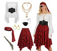 MeYuxg Disfraz Pirata Mujer, Medieval Disfraz de Pirata Mujer que Incluye Blusa Blanca, Falda Roja, Corsé, Pañuelo Pirata, Collar, Completo Disfraces Piratas para Carnavales, Fiestas, Cosplay (XL)