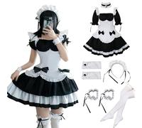 MeYuxg Maid Dress,Anime French Maid Dress,Schwarz Maid Kostüm mit weißen Strümpfen,Niedliche Maid Cosplay Kleid,Krawatte Rüschenschleife Dienstmädchen,Halloween,Karneval,Rollenspiel (XXXL)