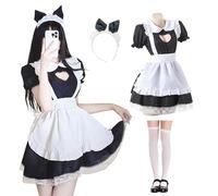 MeYuxg Maid Dress,Disfraz de Criada Francesa,Lindo Vestido Negro Sexy con Delantal, Medias Blancas y Tocado, Maid Dress adecuado Cosplay, Halloween, Carnaval, Fiesta de Personajes(L)