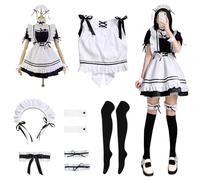 MeYuxg Maid Outfit, Anime French Maid Dress, Halloween Kostüm Damen Niedliche Maid Cosplaykleid mit Schürze Beinringe Schwarz Strümpfe, Maid Kostüm Schwarz, Größe XL