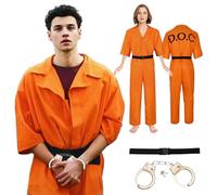 MeYuxg Prisoner Costume Disfraz de prisi贸n naranja con esposas y cinturones, disfraz de prisionero para hombre y mujer, mono naranja para Halloween y carnaval, fiesta, cosplay (M)