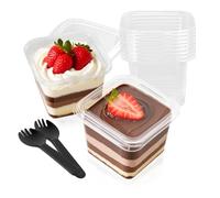 MeYuxg Vasos de postre de plástico con tapa, 360 ml, 50 vasos de postre de plástico con 50 cucharas, reutilizables, cuencos cuadrados de postre para tiramisú, postres, pudín mousse helado