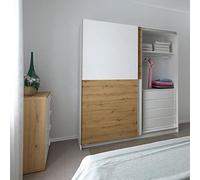 Meyvaser.com Ecommerce Company Armario 2 Puertas Correderas Blanco Poro y Roble Albar | 200 x 180 x 60 cm | Barra para Colgar + Altillo + Cajoneras Interiores| Fabricado en España