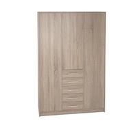 Meyvaser.com Ecommerce Company Armario Dormitorio 3 Puertas y 5 Cajones Roble Cortez | 200 x 130 x 50 cm | Barra para Colgar + Baldas Interiores | FSC | Fabricado en España