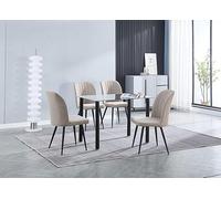 Meyvaser.com Ecommerce Company Conjunto de Comedor Moderno - Mesa de Cristal Fija con Patas Metálicas Negras + 4 Sillas Tapizadas en Tela Beig.