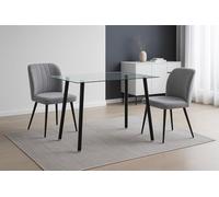 Meyvaser.com Ecommerce Company Conjunto de Comedor Moderno - Mesa de Cristal Fija con Patas Metálicas Negras + 4 Sillas Tapizadas en Tela Gris.