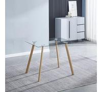 Meyvaser.com Ecommerce Company Mesa de Cocina Fija con Tapa de Cristal Templado Transparente y Patas Color Madera - Diseño Moderno y Funcional.