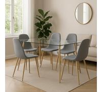 Meyvaser.com Ecommerce Company Mesa de Comedor Fija con Tapa de Cristal y Patas Metálicas Efecto Madera Aserrada - 120x70x75 cm - Diseño Moderno e Industrial con Estructura de Acero
