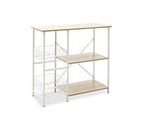 Meyvaser Estanteria de Cocina, Estantería para Microondas con 2 Cestas de Malla Metálica Blanca, 3 Estantes y Ganchos 80x34x75cm Color Madera y Blanco