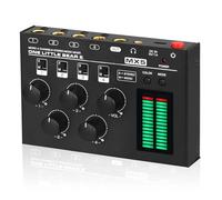 Mezclador de audio: mezcla de línea estéreo mono de 4 canales, medidor de nivel LED, ganancia ajustable, conector de auriculares de 3.5 mm, diseño de ruido ultra bajo para lugares pequeños