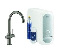 Mezclador de fregadero Grohe Blue Home, 224 mm de alcance, caños en C, kit de inicio, con función de filtro, 31455AL1, Color: grafito duro cepillado