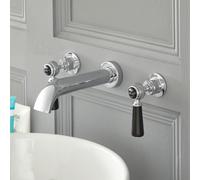 HudsonReed Grifo Mezclador de Pared de 3 Agujeros Tradicional para Lavabo Color Cromado y Negro con Manijas a Palanca - Elizabeth