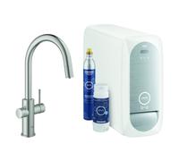 Grohe Blue Home C-spout Starter Kit Mezclador monomando de fregadero, con radiador y WIFI, caño mousseur, 31541DC0, Color: súper acero