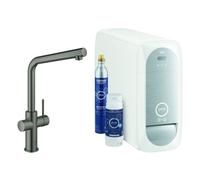 Mezclador monomando de fregadero Grohe Blue Home, 221 mm de alcance, caños en L, kit de inicio, con función de filtro, 31454AL1, Color: grafito duro cepillado