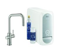 Mezclador monomando de fregadero Grohe Blue Home, 224 mm de alcance, caños en U, kit de inicio, con función de filtro, extraíble, 31543DC0, Color: súper acero