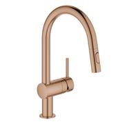 Mezclador monomando de fregadero Grohe Minta, 223 mm de alcance, caño en C, extraíble, fácil acoplamiento, orientable, doble rociador de aclarado, 32321DL2, Color: cálido atardecer cepillado