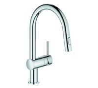 Mezclador monomando de fregadero Grohe Minta, 223 mm de alcance, caño en C, extraíble, fácil acoplamiento, orientable, doble rociador de aclarado, 32321002, Color: cromado