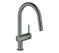 Mezclador monomando de fregadero Grohe Minta, 223 mm de alcance, caño en C, extraíble, fácil acoplamiento, orientable, doble rociador de aclarado, 32321AL2, Color: grafito duro cepillado