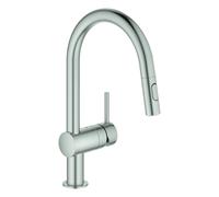 Mezclador monomando de fregadero Grohe Minta, 223 mm de alcance, caño en C, extraíble, fácil acoplamiento, orientable, doble rociador de aclarado, 32321DC2, Color: súper acero