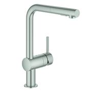 Mezclador monomando de fregadero Grohe Minta, 223 mm de proyección, caño en L, rociador doble extraíble, 30274DC0, Color: súper acero