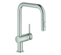 Mezclador monomando de fregadero Grohe Minta, 225 mm de alcance, caños en U, extraíble, Easy Docking, rociador doble, orientable, 32322DC2, Color: súper acero