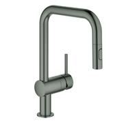 Mezclador monomando de fregadero Grohe Minta, 225 mm de alcance, caños en U, extraíble, Easy Docking, rociador doble, orientable, 32322AL2, Color: grafito duro cepillado