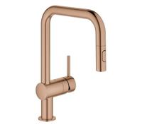 Mezclador monomando de fregadero Grohe Minta, 225 mm de alcance, caños en U, extraíble, Easy Docking, rociador doble, orientable, 32322DL2, Color: cálido atardecer cepillado