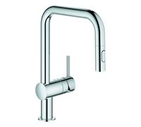 Mezclador monomando de fregadero Grohe Minta, 225 mm de alcance, caños en U, extraíble, Easy Docking, rociador doble, orientable, 32322002, Color: cromado
