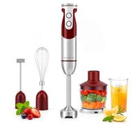 Mezcladora portátil sumergida de cinco en uno mejorada por megawise pro titanium, potente motor de cobre con un 80% de cuchillas afiladas, mezcladora de cuerda de 12 velocidades (rojo)