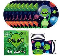 MEZHEN Alien Vajilla Cumpleaños Decoracion Vajilla para Fiesta Cumpleaños Niños Cubiertos y Platos Taza Papel Servilleta para Boda Baby Shower 8 Invitados