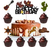 MEZHEN Cowboy Decoración para Tartas Cumpleaños Decoración de Pastel Caballo Toppers para Tartas Happy Birthday Adorno para Tarta Fiesta de Cumpleaños Cupcake Topper 25 Piezas