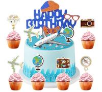 MEZHEN Decoración para Tartas Viaje Cumpleaños Decoración de Pastel Avión Toppers para Tartas Happy Birthday Adorno para Tarta Fiesta