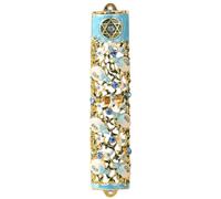 Mezuzá 6 "pintado a mano adornada con un Ivy diseño de flores y 24 K chapado en oro y azul Cristales por Matashi
