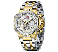 MF MINI FOCUS Relojes para hombre de negocios (cronógrafo/impermeable/luminoso/calendario/24 horas) relojes de banda de acero inoxidable para hombre, Plateado y dorado