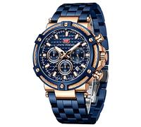 MF MINI FOCUS Relojes para hombre de negocios (cronógrafo/impermeable/luminoso/calendario/24 horas) relojes de banda de acero inoxidable para hombre, Azul_dorado