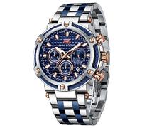 MF MINI FOCUS Relojes para hombre de negocios (cronógrafo/impermeable/luminoso/calendario/24 horas) relojes de banda de acero inoxidable para hombre, Azul, plateado