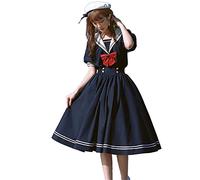 Mfacl Línea Lolita Vestido Falda Vestidos de Verano Lolita Dulce Vestido Harajuku Cuello Marino Vestidos de Azul Marino Vintage Bow Kawaii Girls Prevy Style Vestido de Manga Larga