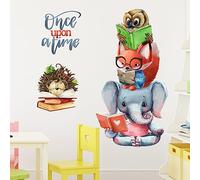 Mfault Once Upon a Time Reading Animals Calcomanías de pared, motivacional, zorro, elefante, búho, erizo, libros de lectura, decoración de guardería, aula, dormitorio, arte, sala de estudio,