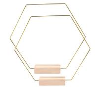 MFESFCS Aros Metalicos Manualidades 3Sets Metal Hexagonal Hoop Gold Floral Rings Wood Base DIY Wedding Table Decor Party Centerpiece Metal Wreaths