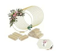 MFESFCS Aros Metalicos Manualidades 5pcs Gold Wire Floral Hoop with Wooden Base DIY Wedding Table Centerpiece Decor Round/Hexagon Flower Hoop Stand(Deep Pink)