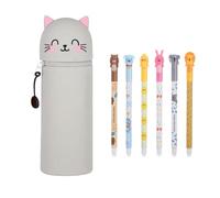Mfqire Estuche Escolar Kawaii 2 en 1 de Silicona Gato & Tigre, TelescóPico portabolígrafos de Mesa, PortaláPices con 6 BolíGrafos Gel Borrables, Regalo para NiñOs Escuela Oficina