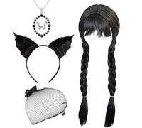 MFUOE 4 piezas de accesorios para disfraz de miércoles, peluca trenzada negra, collar, redecilla, diadema de orejas de gato, disfraz de Halloween, fiesta de Halloween, cosplay
