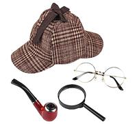 MFUOE Juego de 4 piezas de disfraz de detective, sombrero de ciervo, lupa, tubo victoriano, Sherlock Holmes, accesorio de disfraz para Halloween, accesorios de fiesta