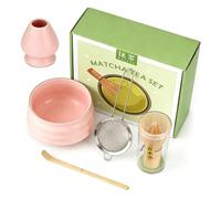MFUSUL 5 Piezas Matcha Kit para Principiantes, Matcha Set Rosa con Cuenco de Matcha, Cuchara, Soporte para la Batidora, Colador