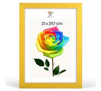 MG Design Marco para fotos A4 21 x 29,7 cm: marco para póster con marco Amarillo de madera auténtica y cristal acrílico irrompible, vertical y horizontal, con un soporte para colgar en la pared.