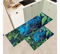MGDIFYXAA Alfombra de Cocina Animales Salvajes Antideslizantes 4 Piezas -Suaves Alfombrillas de Cocina Lavables Leopardo Azul para Suelo, para Lavadero y Pasillo 50×80cm+50×150cm